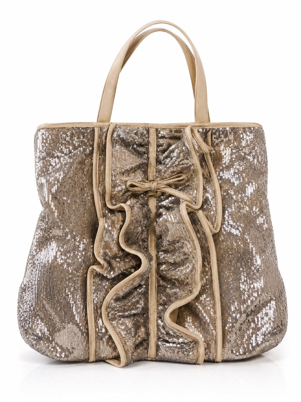 AUTHENTIC RARE VINTAGE RED VALENTINO RUFFLE SEQUINS LEATHER TRIM TOTE BAG - GOLD